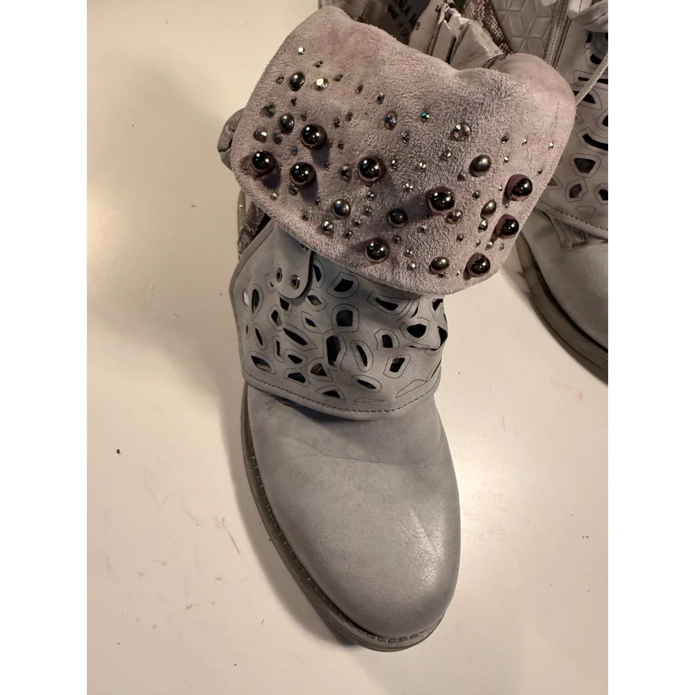 Lala Iaki Grey Studded Laser Cut Ankle Boots EU 40 Snakeskin Strap Buckle Zip